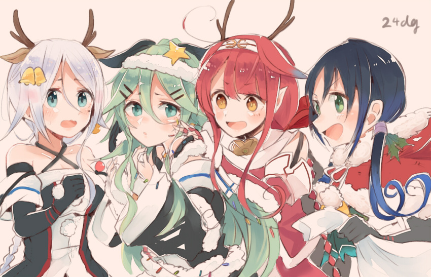 4girls adapted_costume animal_ears antlers aqua_eyes bell blue_hair blush capelet christmas fur_trim gradient green_eyes green_hair hair_flaps hair_ornament hairband hairpin itomugi-kun kantai_collection kawakaze_(kantai_collection) looking_at_another mole mole_under_eye multiple_girls open_mouth redhead remodel_(kantai_collection) scarf silver_hair simple_background smile suzukaze_(kantai_collection) umikaze_(kantai_collection) yamakaze_(kantai_collection) yellow_eyes