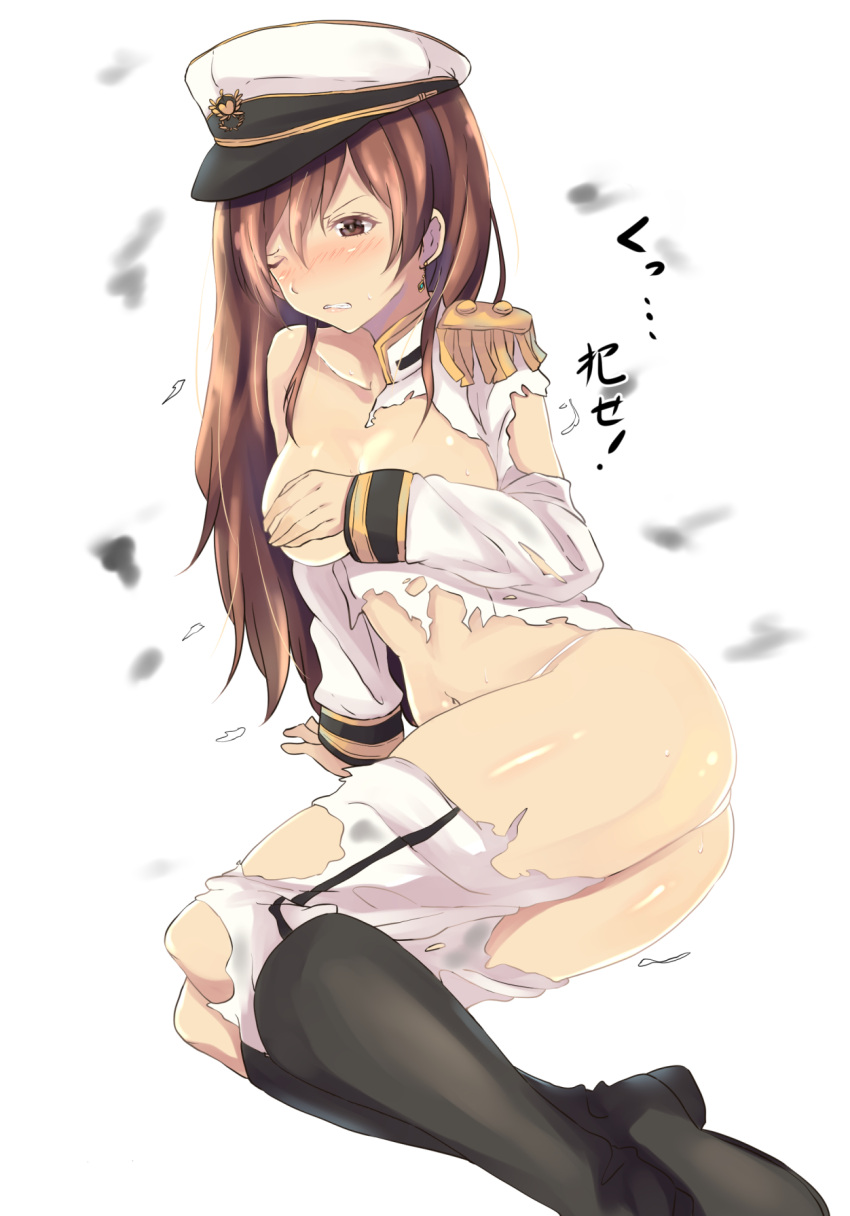 1girl arm_support blush breasts brown_eyes brown_hair cleavage collarbone commentary_request covering covering_breasts embarrassed epaulettes hat highres idolmaster idolmaster_cinderella_girls long_hair medium_breasts military military_hat military_uniform naval_uniform nitta_minami no_panties one_eye_closed owafu peaked_cap seizon_honnou_valkyria solo torn_clothes uniform