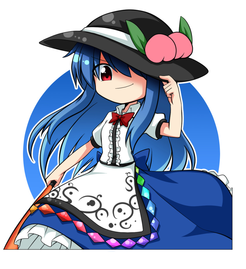 1girl apron black_hat blouse blue_dress blue_hair bow dress food frills fruit hat highres hinanawi_tenshi holding holding_weapon katsumi5o leaf long_hair looking_at_viewer one_eye_covered peach puffy_short_sleeves puffy_sleeves rainbow_gradient red_bow red_eyes shirt short_sleeves simple_background solo sword_of_hisou touhou weapon white_shirt