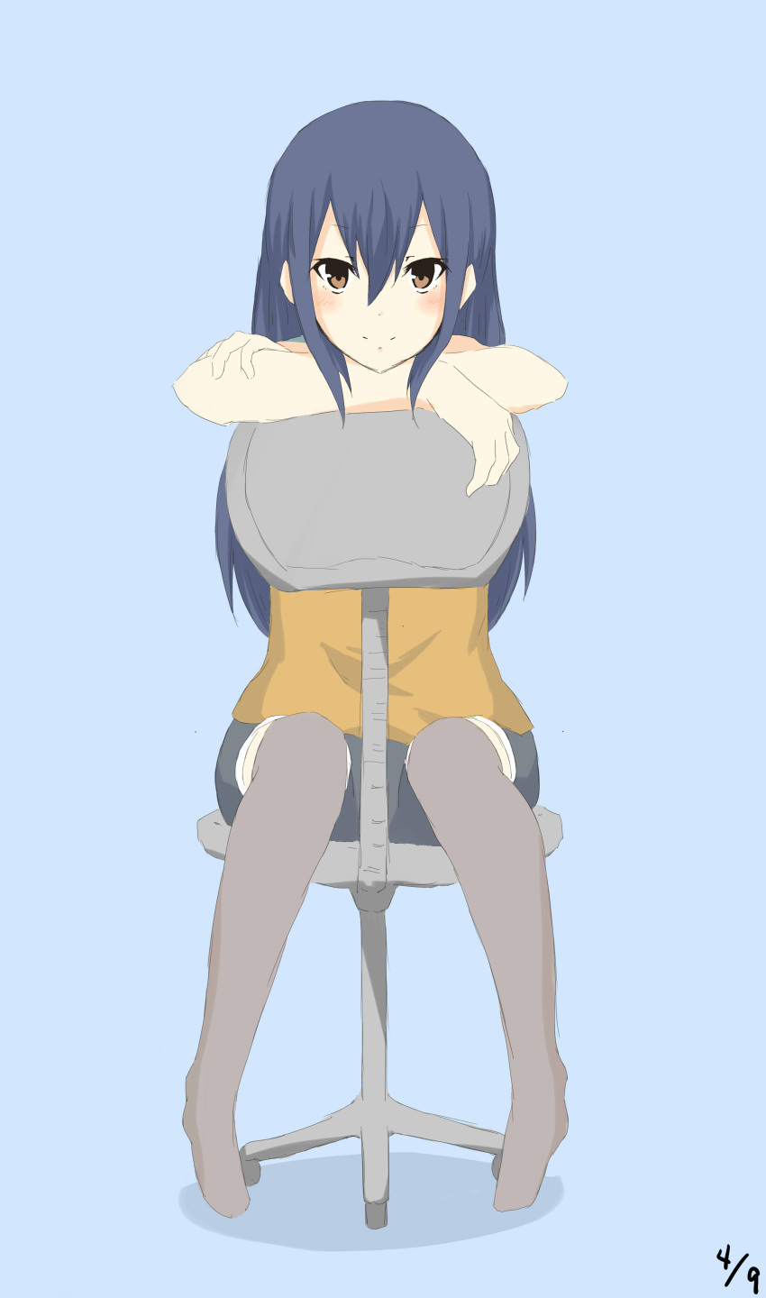 1girl absurdres arute_arisu blue_background blue_hair brown_eyes fairy_tail green_eyes hair_between_eyes highres long_hair looking_at_viewer shorts simple_background sitting smile solo thigh-highs wendy_marvell