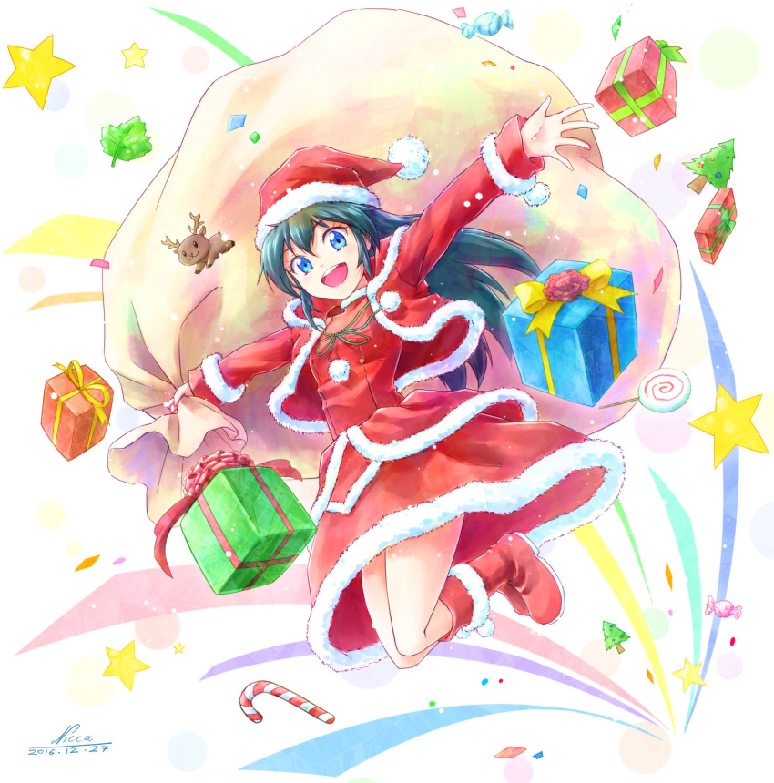 1girl :d black_hair blue_eyes box candy christmas dress food gift gift_box hat highres kneeboots long_hair looking_at_viewer nicca_(kid_nicca) open_mouth original outstretched_arms red_dress sack santa_hat smile solo spread_arms stuffed_animal stuffed_reindeer stuffed_toy