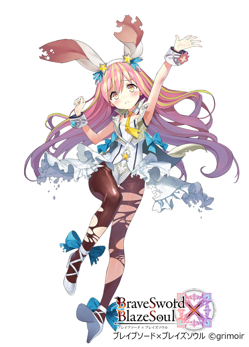 1girl :d animal_ears ankle_ribbon arm_up black_legwear blonde_hair blue_ribbon blush brave_sword_x_blaze_soul copyright_name dress floating_hair frilled_dress frills frown hand_up high_heels highres long_hair looking_at_viewer matsui_hiroaki multicolored_hair official_art open_mouth outstretched_arm pantyhose pink_hair rabbit_ears ribbon simple_background smile solo torn_clothes torn_dress torn_pantyhose two-tone_hair watermark white_background white_dress white_leotard wrist_cuffs yellow_eyes
