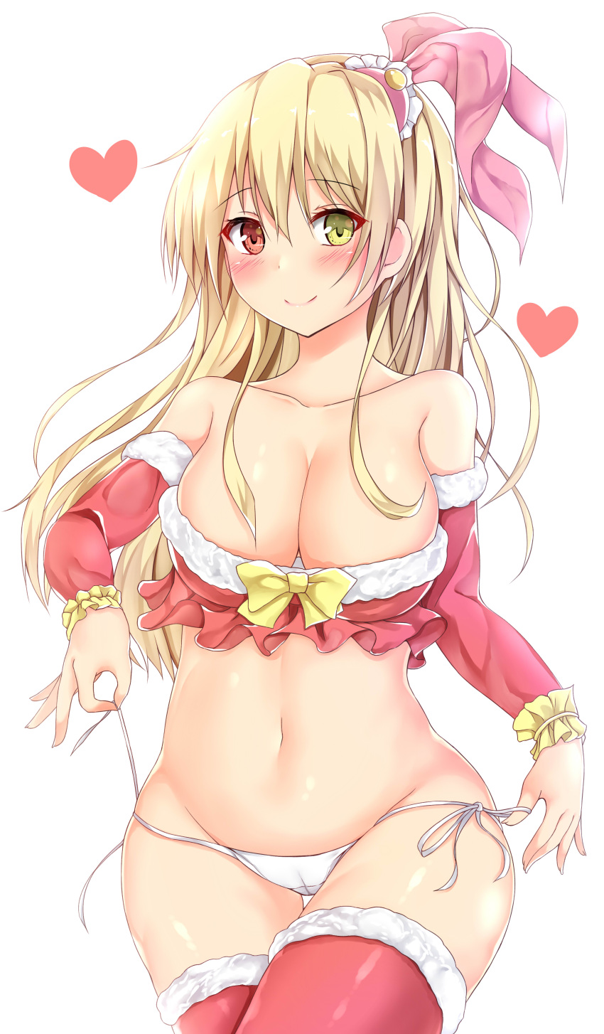 1girl absurdres bare_shoulders belly blonde_hair blush breasts brown_eyes cleavage closed_mouth collarbone commentary_request curvy detached_sleeves hair_between_eyes heart heterochromia highres large_breasts long_hair looking_at_viewer original panties pikatchi plump red_legwear side-tie_panties simple_background smile solo thick_thighs thighs underwear white_panties yellow_eyes