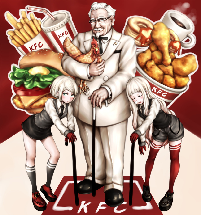 1boy 2girls animal bangs bird black-framed_eyewear black_legwear black_necktie black_ribbon black_shoes black_shorts black_skirt black_vest blazer blue_eyes blunt_bangs blush cane cheese chicken chicken_(food) closed_eyes closed_mouth collared_shirt colonel_sanders copyright_name cup drinking_straw facial_hair food formal french_fries full_body glasses gloves goatee grey_vest highres holding_animal jacket kfc kneehighs leaning_forward leaning_to_the_side lettuce long_hair long_sleeves looking_at_viewer mug multiple_girls mustache neck_ribbon necktie old_man over-rim_glasses own_hands_together oyume pants parted_lips plastic_cup platform_footwear red_gloves red_legwear red_shoes ribbon semi-rimless_glasses shirt shoes shorts skirt sleeping smile standing steam suit swept_bangs thigh-highs tomato very_long_hair vest white_hair white_pants white_shirt wing_collar