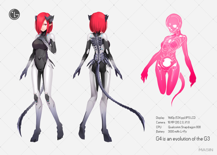 1girl ass character_sheet hair_over_one_eye horns lg_electronics looking_to_the_side masin0201 pelvis pointy_ears red_eyes redhead short_hair skeleton skin_tight skull solo spines standing tail