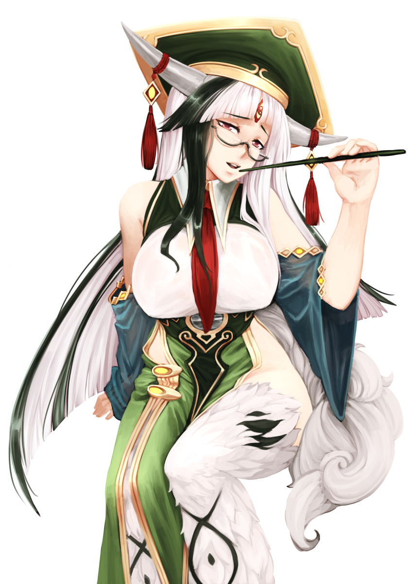 1girl bangs barbariank bare_shoulders blunt_bangs breasts come_hither detached_sleeves framed_breasts fur glasses green_hair hakutaku_(monster_girl_encyclopedia) hat head_tilt highres horn_ornament horns large_breasts long_hair looking_at_viewer monster_girl monster_girl_encyclopedia multicolored_hair necktie no_panties parted_lips pointer red_eyes semi-rimless_glasses side_slit sitting smile solo streaked_hair tail transparent_background two-tone_hair very_long_hair white_hair
