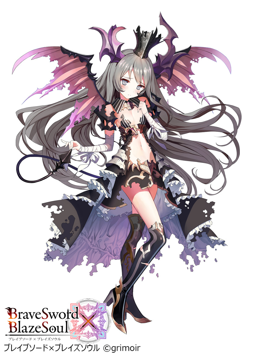 1girl bandage bangs black_boots black_dress blush boots brave_sword_x_blaze_soul breasts copyright_name crown demon_horns demon_wings detached_collar dress floating_hair frilled_dress frills grey_eyes grey_hair hand_up high_heel_boots high_heels highres holding holding_tail horns light_frown long_hair looking_at_viewer matsui_hiroaki navel official_art small_breasts solo standing striped thigh-highs thigh_boots torn_clothes torn_dress vertical-striped_dress vertical_stripes watermark wings