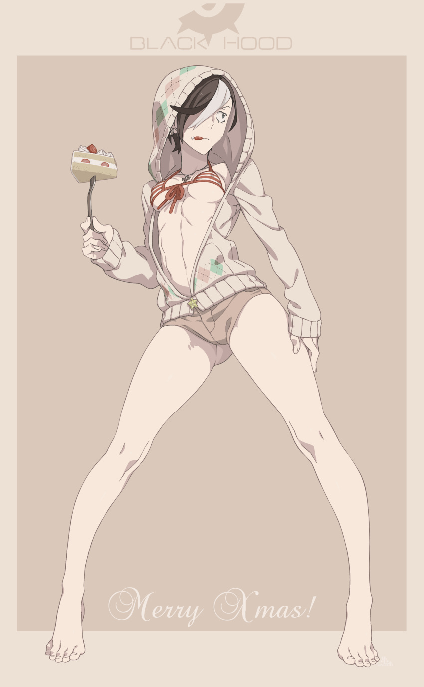 1girl absurdres barefoot bikini black_hair black_hood breasts cake cleavage food fork gluteal_fold hair_over_one_eye highres hood hooded_jacket jacket kamezaemon navel open_clothes open_jacket original shorts solo striped striped_bikini swimsuit tongue tongue_out white_hair