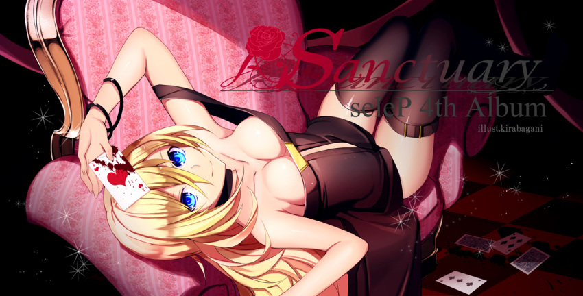 1girl album_cover armchair artist_name bare_shoulders belt black_dress blonde_hair blood blue_eyes breasts card chair checkered checkered_floor choker cleavage closed_mouth clubs collarbone commentary_request cover curtains diamond_(shape) dress fingernails flower hair_between_eyes holding holding_card lily_(vocaloid) long_hair looking_at_viewer lying medium_breasts off_shoulder on_back on_chair palms rose smile solo sparkle thigh-highs thigh_strap very_long_hair vocaloid yuuki_kira zettai_ryouiki