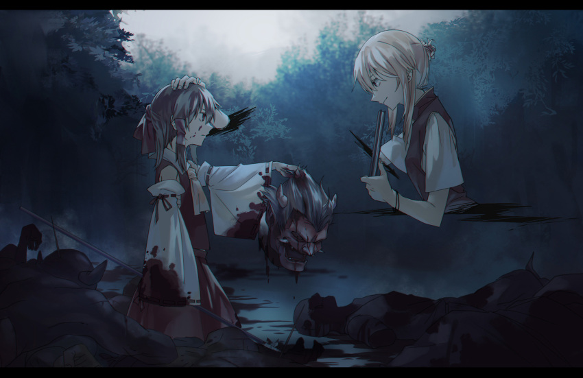 2girls alternate_costume ascot backlighting blonde_hair blood blood_on_ground bloody_clothes bow breasts brown_hair closed_fan death detached_sleeves disembodied_head dress expressionless fan fangs floating fog folding_fan forest gap hair_between_eyes hair_bow hair_bun hair_tubes hair_up hakurei_reimu hand_on_another's_head highres holding holding_head holding_weapon horns letterboxed looking_at_another morning multiple_girls nature no_hat no_headwear ouka_musci pointy_nose profile red_shirt red_skirt ribbon-trimmed_sleeves ribbon_trim shirt short_hair short_sleeves sidelocks skirt small_breasts smile standing tabard touhou weapon white_dress wristband yakumo_yukari
