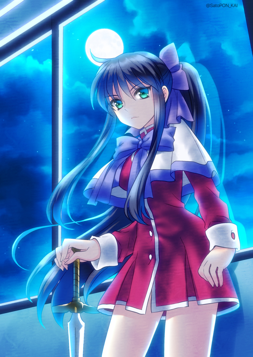 1girl blue_hair capelet full_moon green_eyes hand_on_hilt highres kanon kawasumi_mai long_hair moon planted_sword planted_weapon ponytail sato-pon school_uniform sky standing star_(sky) starry_sky sword weapon