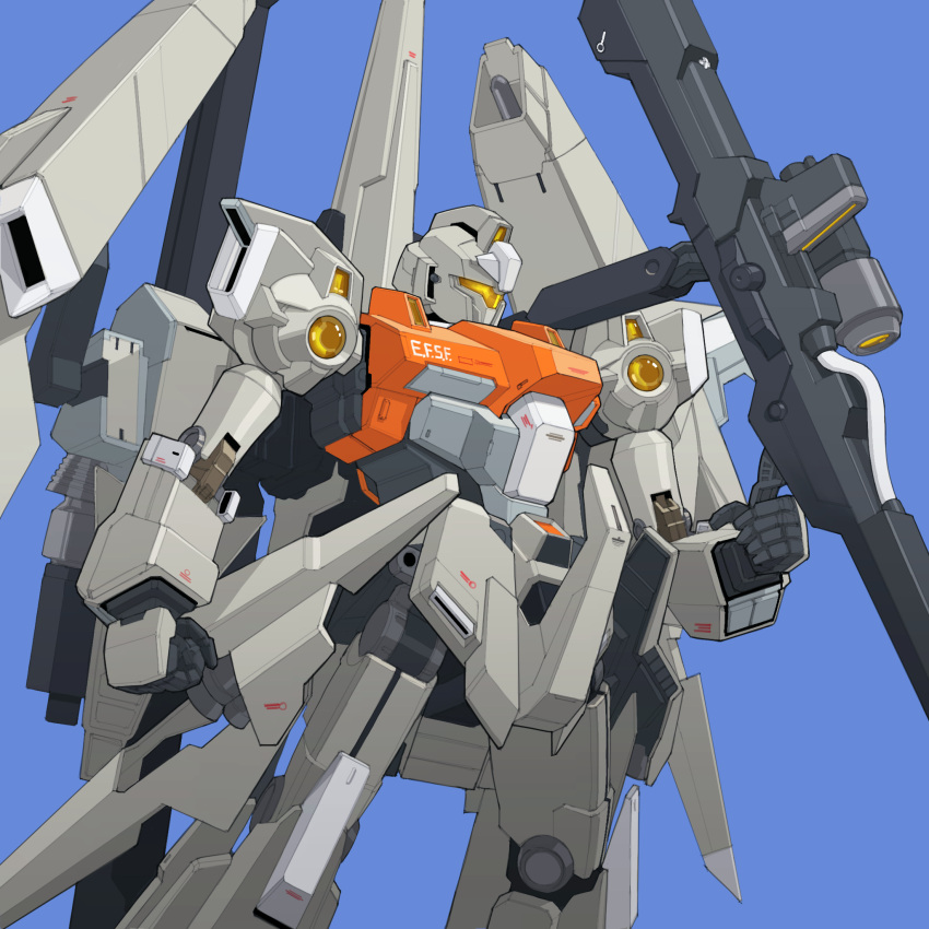arm_at_side assault_visor beam_cannon blue_background bmwsb0 clenched_hand commentary cowboy_shot earth_federation_space_forces feet_out_of_frame gun gundam gundam_unicorn highres holding holding_gun holding_weapon machinery mecha mobile_suit no_humans rezel_type-c rezel_type-c_(defenser_b-unit) robot science_fiction simple_background solo standing thrusters weapon