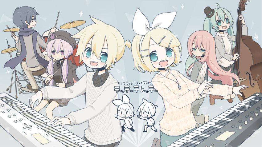 2boys 4girls :d \||/ ahoge animal_hood animal_print aqua_eyes back bangs barefoot beanie bell black_hat black_shirt black_skirt blazer blonde_hair blue_eyes blue_hair blue_scarf blush_stickers boots brown_boots brown_shoes bunny_hood bunny_print cello chibi coat collared_shirt commentary_request cow_bell cross-laced_footwear cymbals dancing double_bass dress_shirt drum drum_set drumsticks emphasis_lines flat_chest floating_hair green_hair grey_boots grey_jacket hair_between_eyes hair_ornament hair_ribbon hairband hairclip half-closed_eyes hat hatsune_miku highres holding hood hood_down hoodie instrument instrument_request jacket jewelry kagamine_len kagamine_rin kaito keyboard_(instrument) lace-up_boots legs_apart long_hair long_sleeves looking_at_viewer megurine_luka mini_hat mini_top_hat multiple_boys multiple_girls multiple_views music najo open_clothes open_coat open_mouth organ outstretched_arm pale_skin pants pantyhose_under_shorts pendant pink_hair plaid plaid_shirt playing_instrument pocket polka_dot purple_hair raglan_sleeves ribbon scarf shirt shoes short_hair short_hair_with_long_locks sidelocks sitting skirt smile song_name sparkle stole sweater swept_bangs top_hat tress_ribbon turtleneck twintails violet_eyes vocaloid voiceroid white_ribbon white_sweater yuzuki_yukari