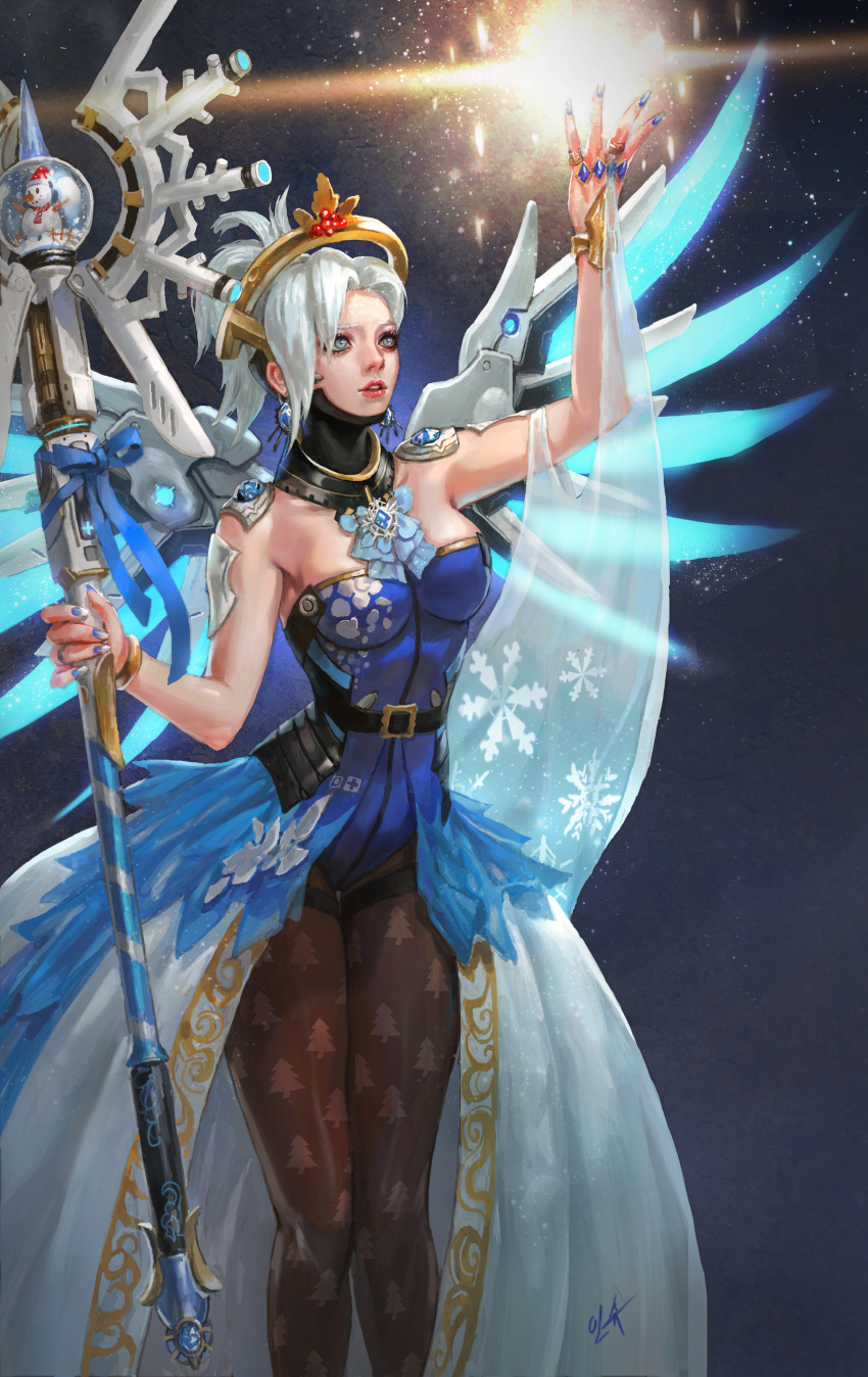 1girl absurdres alternate_costume alternate_hair_color belt blue_dress blue_eyes blue_nails blue_wings breasts brown_legwear cowboy_shot dress earrings fingernails glowing glowing_wings hand_up headgear highres holding holding_staff holding_weapon jewelry legs_together long_fingernails mechanical_halo mechanical_wings medium_breasts mercy_(overwatch) nail_polish open_mouth overwatch pantyhose ponytail print_legwear ring shaonav showgirl_skirt signature silver_hair skirt snowflake_print solo spread_wings staff strapless strapless_dress swiss_flag thigh_gap thigh_strap turtleneck weapon wings