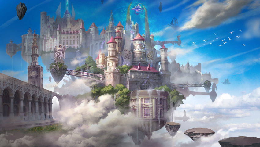 bird blue_sky castle clouds copyright_request fantasy floating_castle floating_island floating_rock highres landscape sky wei_chang