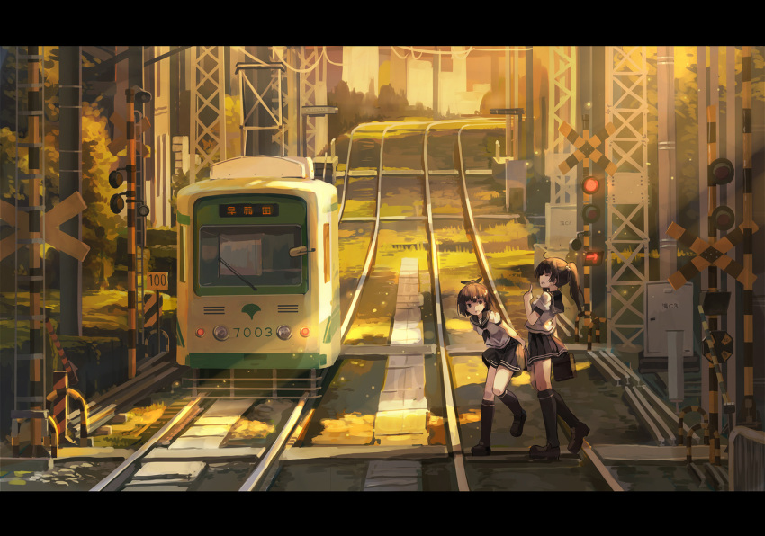 2girls ahoge arms_behind_back black_legwear black_skirt brown_hair brown_shoes closed_eyes from_side ground_vehicle highres holding huanxiang_huifeng index_finger_raised kneehighs letterboxed loafers multiple_girls neckerchief number open_mouth original outdoors pleated_skirt ponytail profile railroad_crossing railroad_tracks school_briefcase school_uniform serafuku shirt shoes short_sleeves skirt standing standing_on_one_leg sunset train white_shirt
