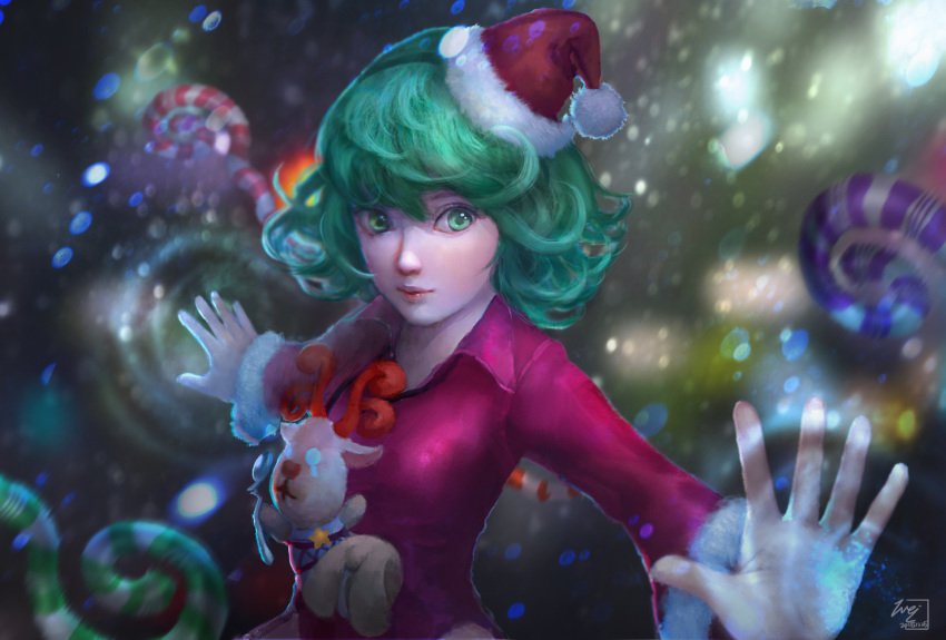 1girl adapted_costume candy candy_cane curly_hair dress flat_chest food green_eyes green_hair hat highres lips nose one-punch_man outstretched_arms red_dress reindeer santa_hat short_hair solo stuffed_animal stuffed_toy tatsumaki telekinesis wei_chang