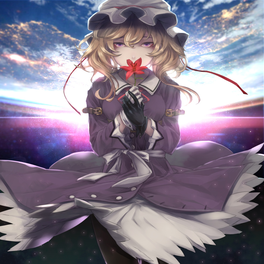 1girl absurdres arm_belt backlighting bangs belt black_gloves black_legwear blonde_hair blurry bow breasts covered_mouth cowboy_shot dress earth eyelashes floating_hair flower gloves hair_between_eyes hat hat_ribbon highres holding holding_flower kumonji_aruto light_particles lily_(flower) long_hair long_sleeves looking_at_viewer maribel_hearn medium_breasts mismatched_gloves mob_cap neck_ribbon outer_space own_hands_together pantyhose partially_unbuttoned purple_dress red_flower red_ribbon ribbon sash space touhou violet_eyes white_bow white_gloves