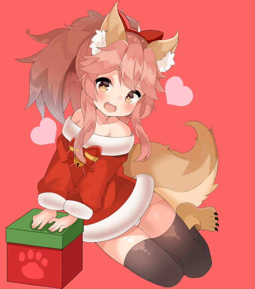 1girl absurdres animal_ears bare_shoulders black_legwear box christmas dog_ears dress fang fate/grand_order fate_(series) fox_ears highres ichi_(nuksun12) long_hair no_pants open_mouth panties panty_peek paw_shoes pink_hair ponytail ribbon santa_costume shoes sitting smile solo strapless strapless_dress striped striped_panties tail tamamo_(fate)_(all) tamamo_cat_(fate) thigh-highs underwear