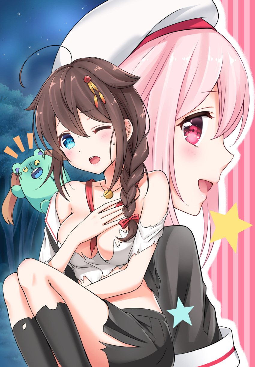 2girls ahoge beret black_legwear black_skirt blue_eyes braid breasts brown_hair character_request collarbone erect_nipples eyebrows_visible_through_hair hair_flaps hair_ornament harusame_(kantai_collection) hat highres jewelry kantai_collection looking_at_viewer medium_breasts multiple_girls murasame_(kantai_collection) nanairo_fuuka necklace one_eye_closed open_mouth pink_eyes pink_hair pleated_skirt remodel_(kantai_collection) revision shigure_(kantai_collection) short_sleeves single_braid skirt socks sweat torn_clothes