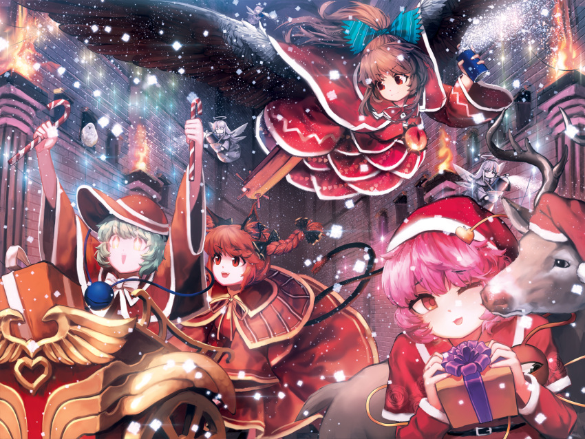 +_+ 6+girls :d animal animal_ears arms_up bird black_bow black_wings bow box braid brown_hair building candy candy_cane capelet cat_ears cat_tail christmas dress fairy_wings feathered_wings food gift gift_box glowing glowing_eyes green_bow green_hair grey_dress hair_bow hair_ribbon halo hat highres hijiwryyyyy jewelry kaenbyou_rin komeiji_koishi komeiji_satori light_particles long_hair long_sleeves multiple_girls multiple_tails necklace one_eye_closed open_mouth pink_hair ponytail red_dress red_eyes red_hat redhead reindeer reiuji_utsuho ribbon santa_costume santa_hat short_hair silver_hair smile spray_can striped striped_bow tail third_eye touhou tress_ribbon twin_braids two_tails white_skin wide_sleeves wings zombie_fairy