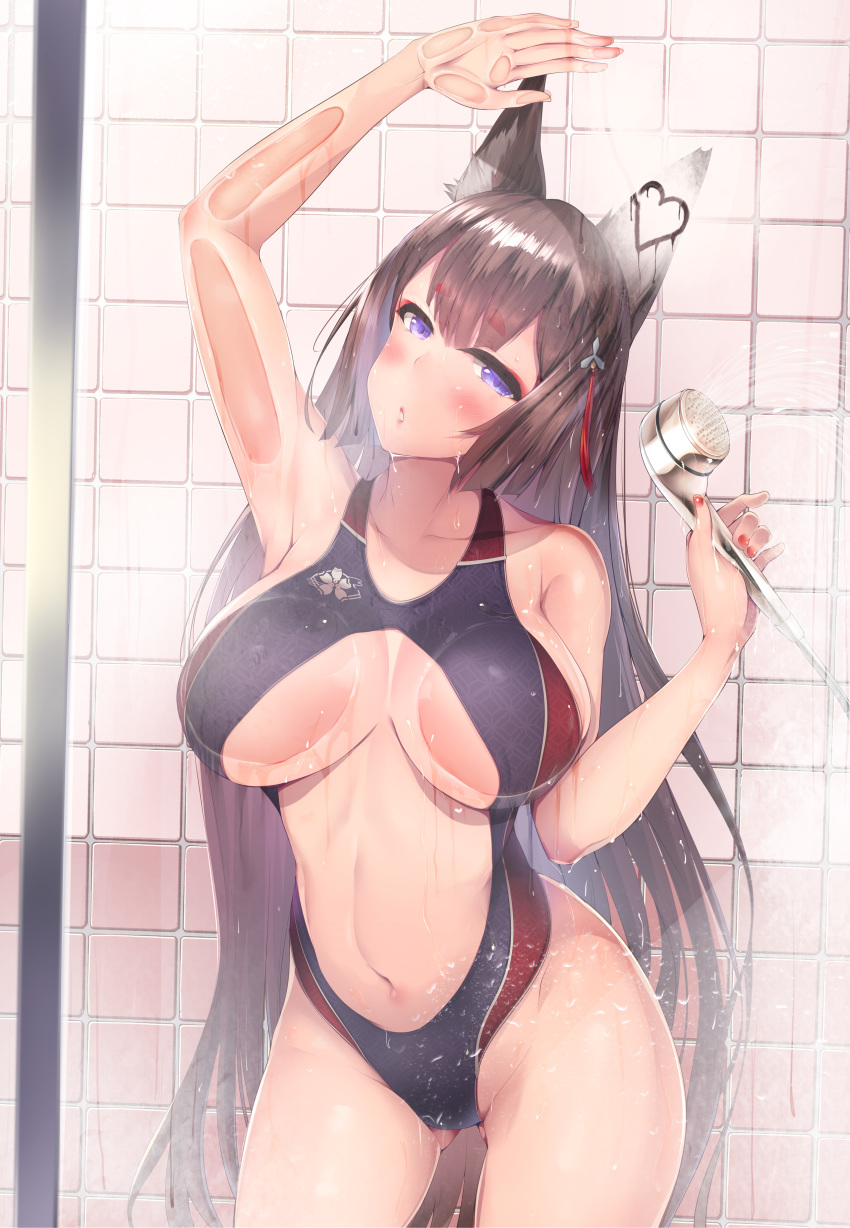 1girl absurdres against_glass amagi_(azur_lane) animal_ears azur_lane bangs blush breasts brown_hair collarbone commentary_request eyebrows_visible_through_hair eyeshadow fox_ears hair_ornament head_tilt heart highres large_breasts long_hair looking_at_viewer makeup navel navel_cutout nksk one-piece_swimsuit parted_lips sakura_empire_(emblem) shower_head solo standing swimsuit thick_eyebrows very_long_hair violet_eyes wet