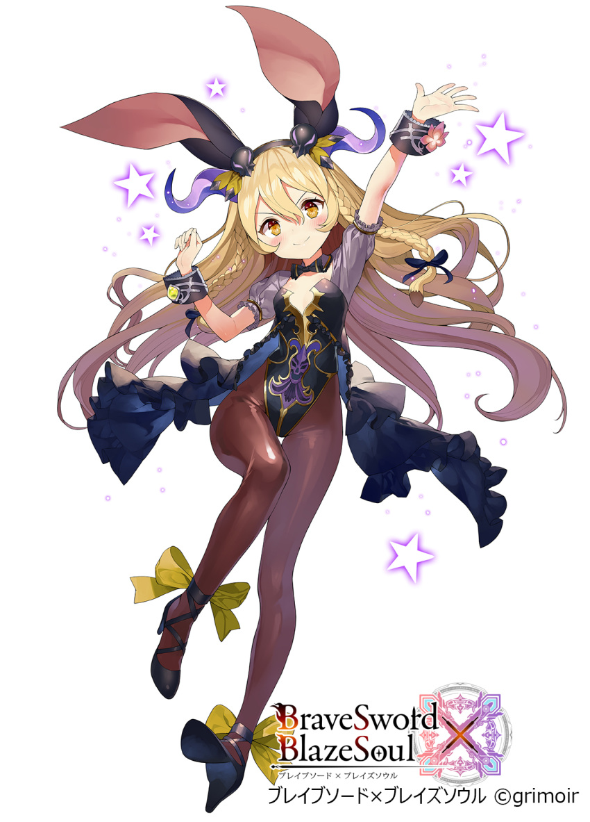 1girl animal_ears ankle_ribbon arm_up black_dress black_legwear black_leotard blonde_hair blush braid brave_sword_x_blaze_soul breasts bunnysuit copyright_name dress floating_hair hair_between_eyes hand_up high_heels highres long_hair looking_at_viewer matsui_hiroaki official_art outstretched_arm pantyhose rabbit_ears ribbon short_sleeves simple_background small_breasts smile solo star starry_background twin_braids watermark white_background wrist_cuffs yellow_ribbon