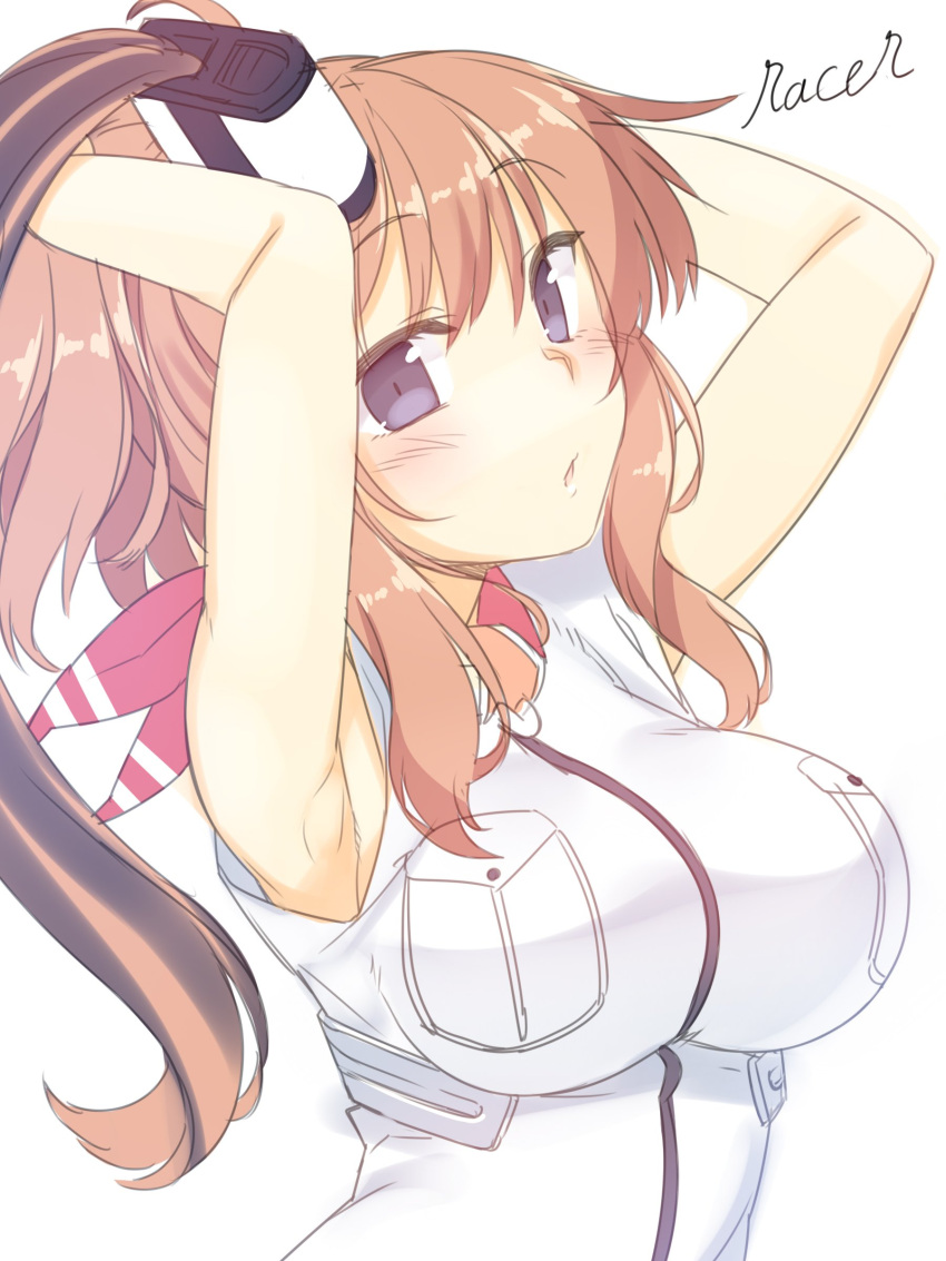 1girl :o absurdres armpits arms_behind_head arms_up artist_name blue_eyes breasts brown_hair eyebrows_visible_through_hair highres kantai_collection large_breasts looking_at_viewer racer_(magnet) saratoga_(kantai_collection) side_ponytail signature solo white_background