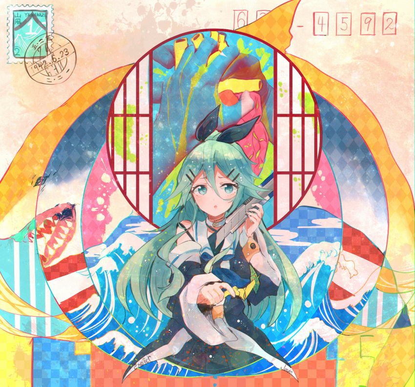 :o bangs black_ribbon black_serafuku blue_ribbon detached_sleeves green_eyes green_hair hair_between_eyes hair_ornament hair_ribbon hairclip highres holding holding_knife itomugi-kun kantai_collection knife long_hair looking_at_viewer neckerchief open_mouth parted_bangs postage_stamp postcard postmark ribbon school_uniform serafuku shark sidelocks symbolism waves yamakaze_(kantai_collection)