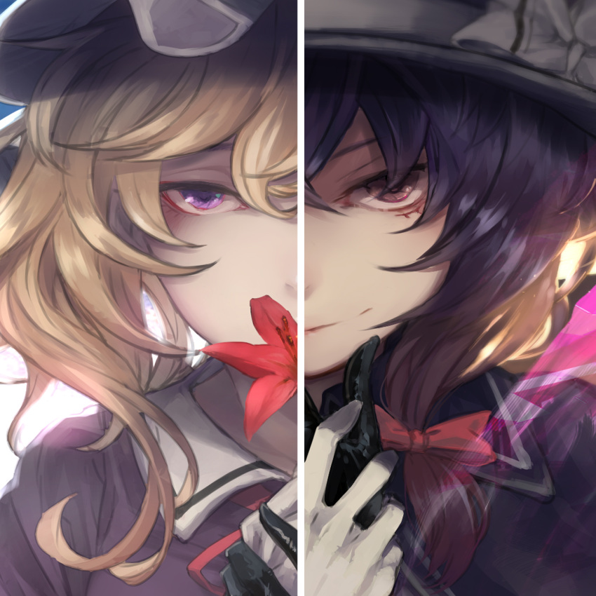 &gt;:) 2girls backlighting black_gloves black_hair bow close-up closed_mouth commentary_request cover covered_mouth eyelashes face floating_hair flower gloves hair_between_eyes hair_bow hair_ribbon hat hat_bow head_out_of_frame highres holding holding_flower kumonji_aruto lipstick looking_at_viewer makeup maribel_hearn mismatched_gloves multiple_girls own_hands_together portrait red_bow red_eyes red_flower red_lips ribbon smile split_theme touhou tress_ribbon usami_renko violet_eyes white_bow white_gloves