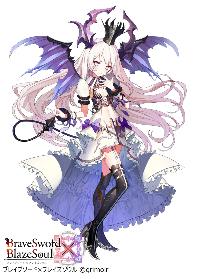 &gt;:) 1girl bangs black_legwear blush boots brave_sword_x_blaze_soul breasts chains copyright_name crown demon_girl demon_horns demon_tail demon_wings detached_collar detached_sleeves dress floating_hair frilled_dress frilled_sleeves frills garter_straps hand_up high_heel_boots high_heels highres holding holding_tail horns long_hair looking_at_viewer matsui_hiroaki navel official_art short_sleeves simple_background small_breasts smirk solo standing striped tail thigh-highs thigh_boots vertical-striped_dress vertical_stripes violet_eyes watermark white_background white_dress white_hair wings
