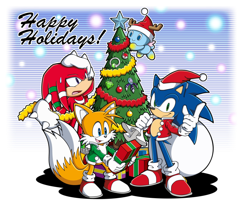 3boys absurdres box chao_(sonic) christmas christmas_ornaments christmas_tree gift gift_box gloves hat highres knuckles_the_echidna miles_prower multiple_boys no_humans official_art sack santa_costume santa_hat shoes sneakers sonic sonic_the_hedgehog white_gloves