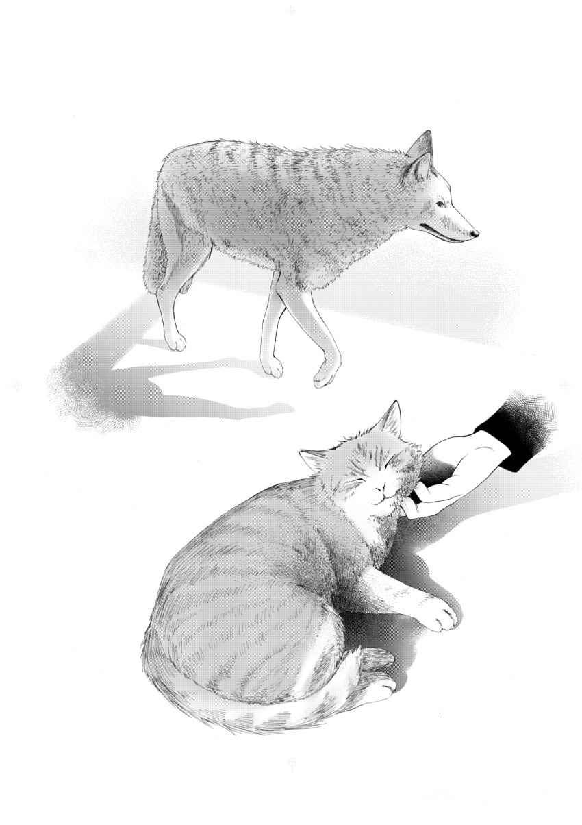 cat dog greyscale hands highres monochrome original out_of_frame petting shadow tokki