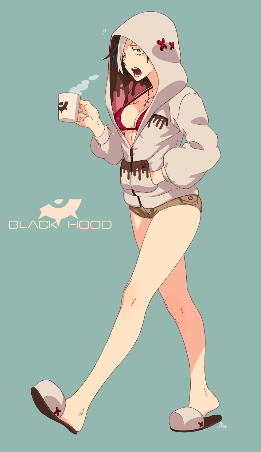 1girl absurdres black_hair black_hood blue_eyes breasts cleavage cup hand_in_pocket highres hood hooded_jacket jacket kamezaemon looking_at_viewer one_eye_closed open_mouth original red_bikini_top shorts slippers solo tears white_hair yawning