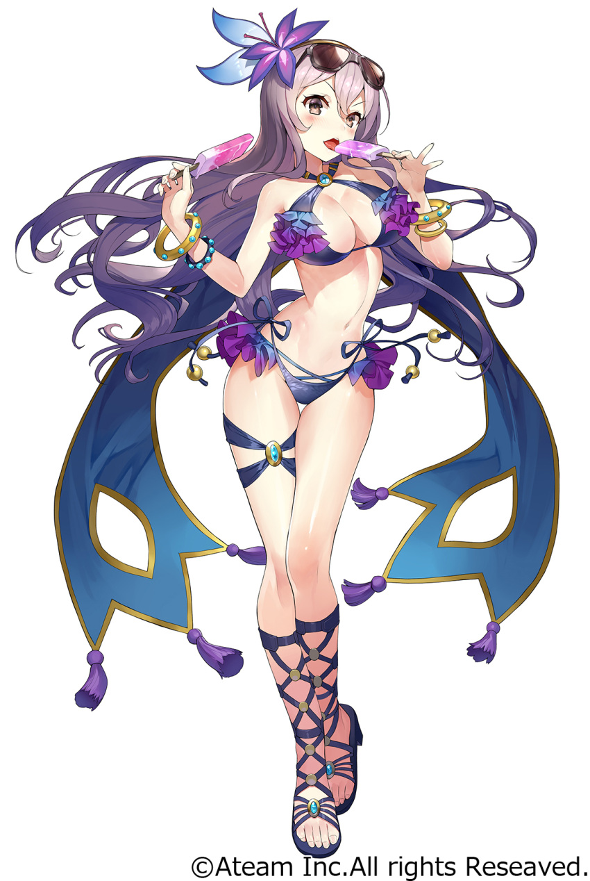 1girl bare_shoulders bikini blue_bikini blush bracelet breasts brown_eyes cleavage copyright_name eating feet floating_hair flower food frilled_bikini frills grey_hair gullveig_(valkyrie_connect) hair_flower hair_ornament hairband halter_top halterneck hands_up high_heels highres hips holding holding_food jewelry large_breasts legs long_hair looking_at_viewer matsui_hiroaki navel official_art open_mouth open_toe_shoes popsicle purple_flower sandals shoes showgirl_skirt simple_background solo sunglasses sunglasses_on_head swimsuit teeth thighs toes valkyrie_connect watermark white_background