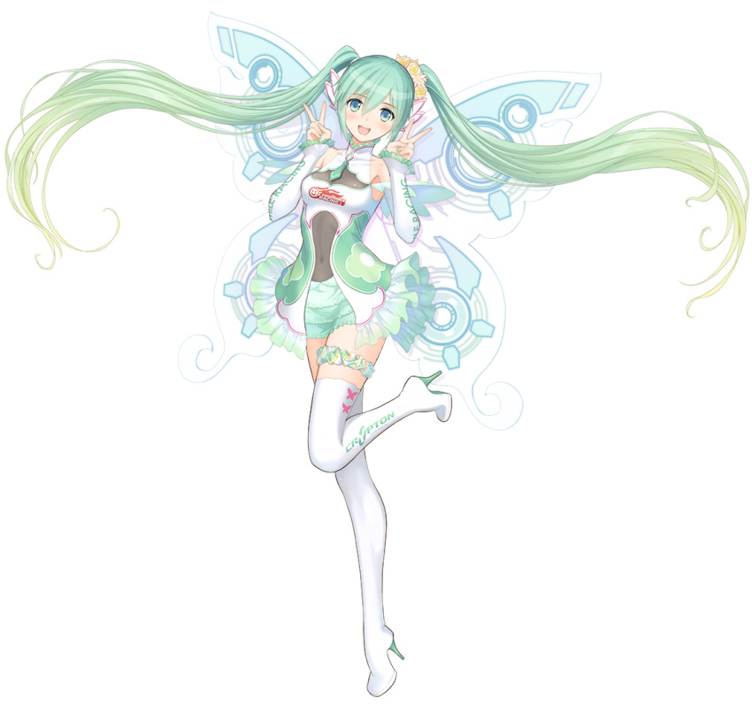 1girl :d boots dress fairy_wings flower frilled_dress frilled_skirt frilled_sleeves frills full_body goodsmile_company goodsmile_racing green_eyes green_hair green_skirt hair_flower hair_ornament hatsune_miku high_heel_boots high_heels long_hair looking_at_viewer necktie open_mouth skirt smile solo tanaka_takayuki thigh-highs thigh_boots thigh_strap translucent_dress transparent_background twintails v very_long_hair vocaloid wings