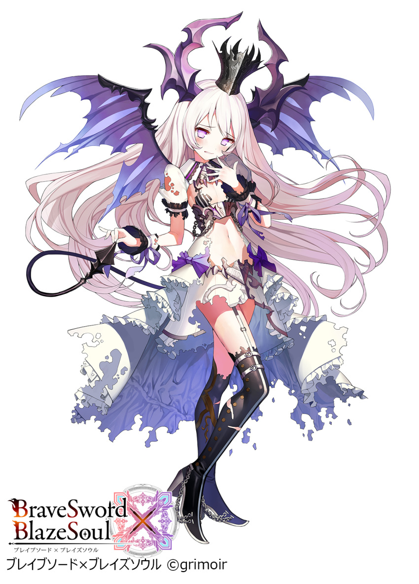 1girl bangs black_legwear blush boots brave_sword_x_blaze_soul breasts chains copyright_name crown demon_girl demon_horns demon_tail demon_wings detached_collar detached_sleeves dress embarrassed floating_hair frilled_dress frilled_sleeves frills garter_straps hand_up high_heel_boots high_heels highres holding holding_tail horns long_hair looking_at_viewer matsui_hiroaki navel official_art parted_lips short_sleeves simple_background small_breasts smirk solo standing striped tail thigh-highs thigh_boots torn_clothes torn_dress vertical-striped_dress vertical_stripes violet_eyes watermark white_background white_dress white_hair wings