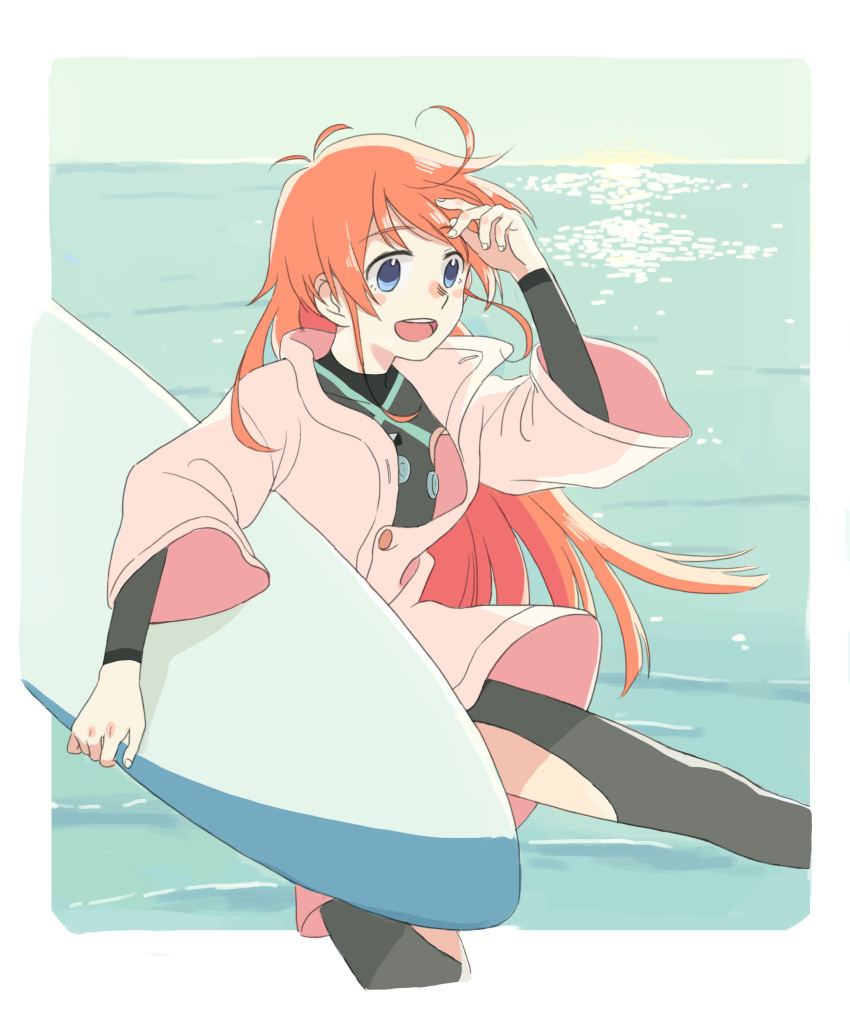 1girl :d absurdres ahoge antenna_hair blue_eyes blush_stickers bodysuit buttons coat eyebrows fingernails flip_flappers hand_on_own_forehead highres long_hair long_sleeves looking_afar ocean open_mouth orange_hair outdoors outside_border papika_(flip_flappers) rou_tiao smile solo sunlight surfboard tareme teeth very_long_hair water