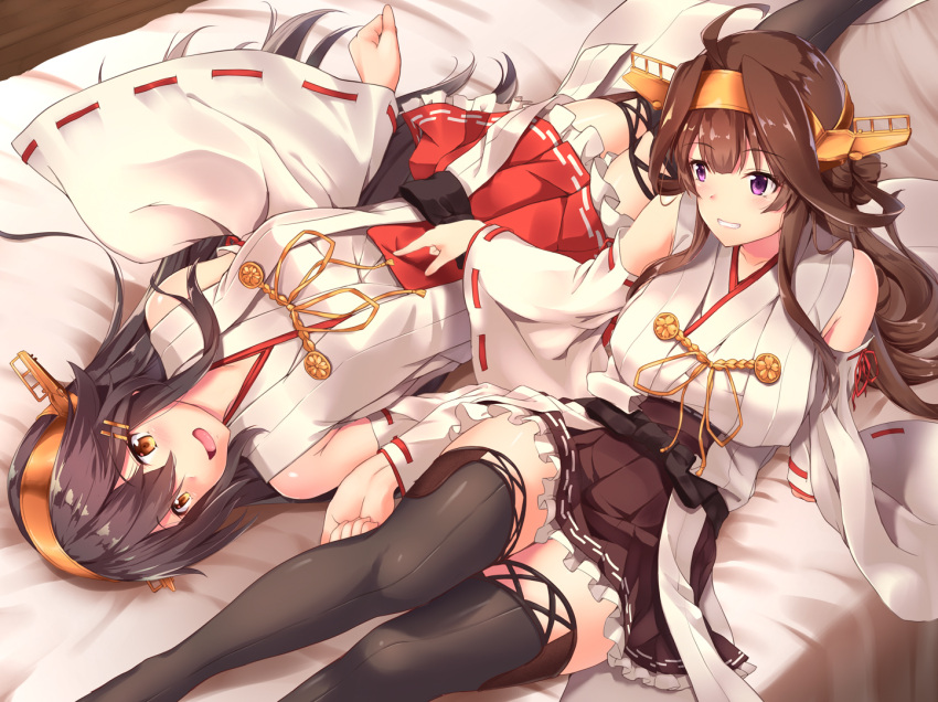 2girls ahoge awa_yume bare_shoulders black_hair boots breasts brown_eyes brown_hair detached_sleeves double_bun hair_ornament hairband hairclip haruna_(kantai_collection) headgear japanese_clothes kantai_collection kongou_(kantai_collection) long_hair lying multiple_girls nontraditional_miko on_back remodel_(kantai_collection) ribbon-trimmed_sleeves ribbon_trim smile thigh-highs thigh_boots violet_eyes