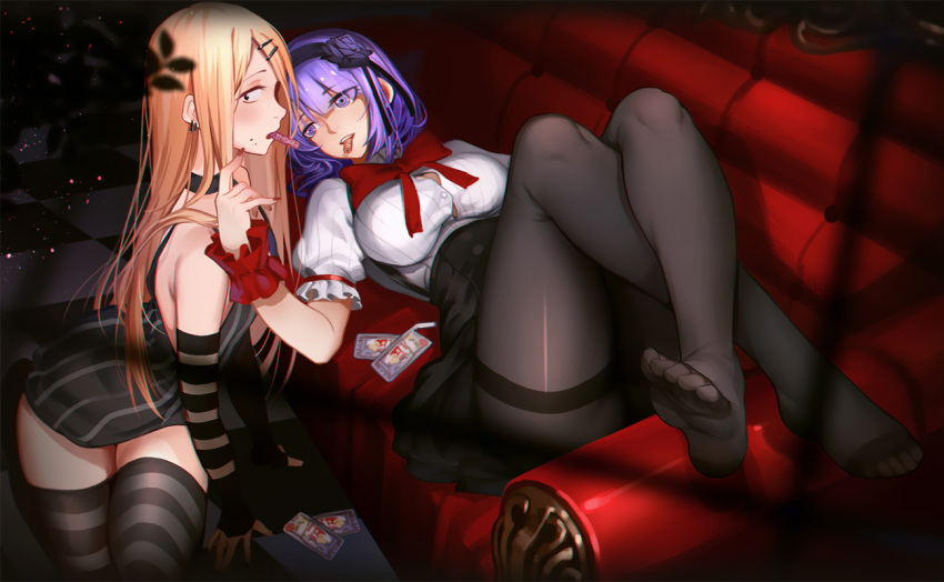 2girls arm_support bangs bare_shoulders black_dress black_eyes black_legwear blonde_hair blue_eyes blunt_bangs blurry blush bow bowtie breasts bursting_breasts buttons checkered checkered_floor choker couch dagashi_kashi depth_of_field detached_sleeves dress ear_piercing earrings endou_saya_(dagashi_kashi) eyebrows_visible_through_hair eyelashes feet flower food food_in_mouth food_on_face frilled_sleeves frills hair_flower hair_ornament hair_ribbon hairband hairclip high-waist_skirt jewelry kote-sensei large_breasts legs_crossed light_particles long_hair looking_at_another looking_at_viewer lying microdress mouth_hold multiple_girls necktie no_shoes on_back on_couch on_floor pantyhose piercing profile puffy_short_sleeves puffy_sleeves purple_hair purple_rose red_bow red_bowtie red_necktie ribbon ringed_eyes rose seiza shidare_hotaru shiny shiny_clothes shirt short_hair short_sleeves sitting skirt sleeveless sleeveless_dress small_breasts soles spaghetti_strap strap_gap striped striped_legwear suspender_skirt suspenders thigh-highs thighband_pantyhose toes vertical-striped_dress vertical_stripes violet_eyes white_shirt window_shade zettai_ryouiki