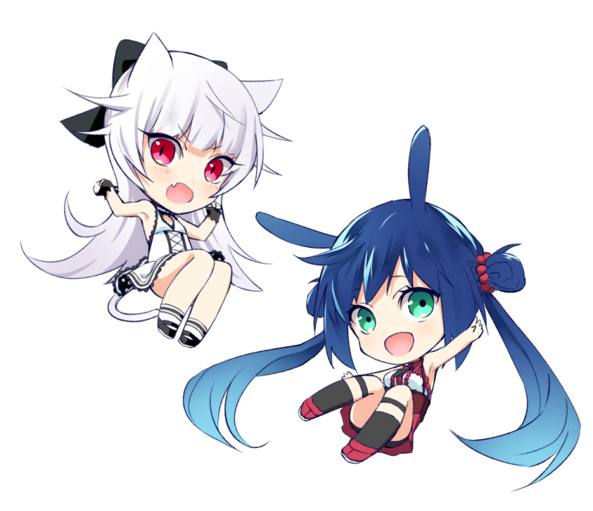 &gt;:d 2girls :d animal_ears arm_up arms_up bangs bare_shoulders black_bow black_legwear black_necktie black_shoes blue_hair blush bow bunny_girl cat_ears cat_girl cat_tail chibi corset detached_collar double_bun dress fang frilled_dress frills green_eyes hair_bow hair_flaps kneehighs knees_up legs_together looking_at_viewer multiple_girls necktie open_mouth original rabbit_ears red_eyes shoes silver_hair simple_background smile tail tokki twintails white_background white_dress white_legwear