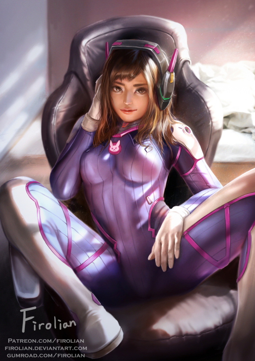 1girl animal_print artist_name bangs blue_bodysuit bodysuit boots bracer breasts brown_eyes brown_hair bunny_print chair couch d.va_(overwatch) facepaint facial_mark firolian gloves hand_on_headphones headphones high_collar highres indoors light_rays lips long_hair looking_at_viewer nose office_chair overwatch pilot_suit realistic ribbed_bodysuit shoulder_pads signature sitting skin_tight small_breasts solo spread_legs swept_bangs watermark wavy_hair web_address whisker_markings white_boots white_gloves