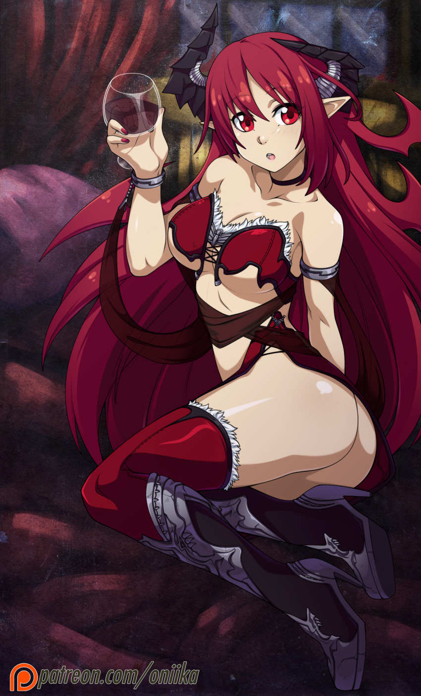 1girl alcohol armlet ass bare_shoulders belphegor_(shinkai_no_valkyrie) boots bracelet breasts bustier choker cup demon_girl demon_horns drinking_glass greaves high_heel_boots high_heels highres horns jewelry large_breasts long_hair nail_polish pointy_ears red_eyes redhead revealing_clothes shinkai_no_valkyrie solo spike_wible thigh-highs under_boob watermark web_address wine wine_glass