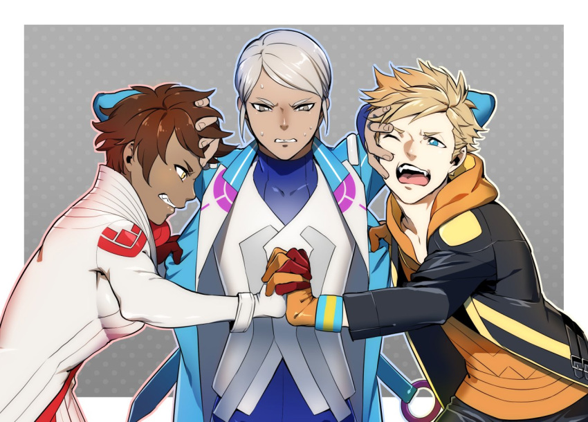 1boy 2girls androgynous bangs blanche_(pokemon) blonde_hair blue_eyes brown_eyes brown_hair candela_(pokemon) dark_skin fangs gloves hood hoodie interlocked_fingers jacket long_hair multiple_girls open_clothes open_jacket open_mouth orange_gloves pokemon pokemon_go ponytail pushing pushing_away short_hair sidelocks soul_(tamashii) spark_(pokemon) sweatdrop swept_bangs white_gloves white_hair yellow_eyes