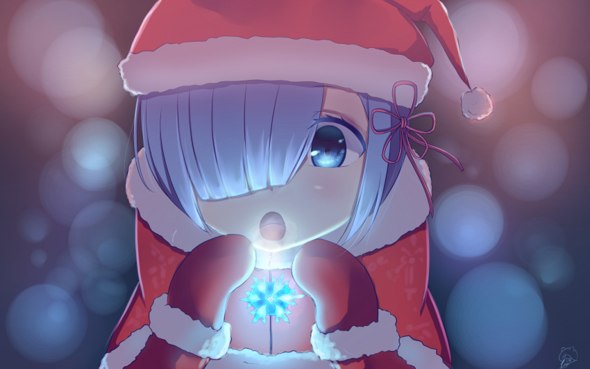 1girl :o blue_eyes blue_hair breath close-up coat edison face gloves glowing hair_over_one_eye hair_ribbon hat highres matching_hair/eyes night open_mouth pink_ribbon re:zero_kara_hajimeru_isekai_seikatsu rem_(re:zero) ribbon santa_costume santa_gloves santa_hat snowflakes solo upper_body