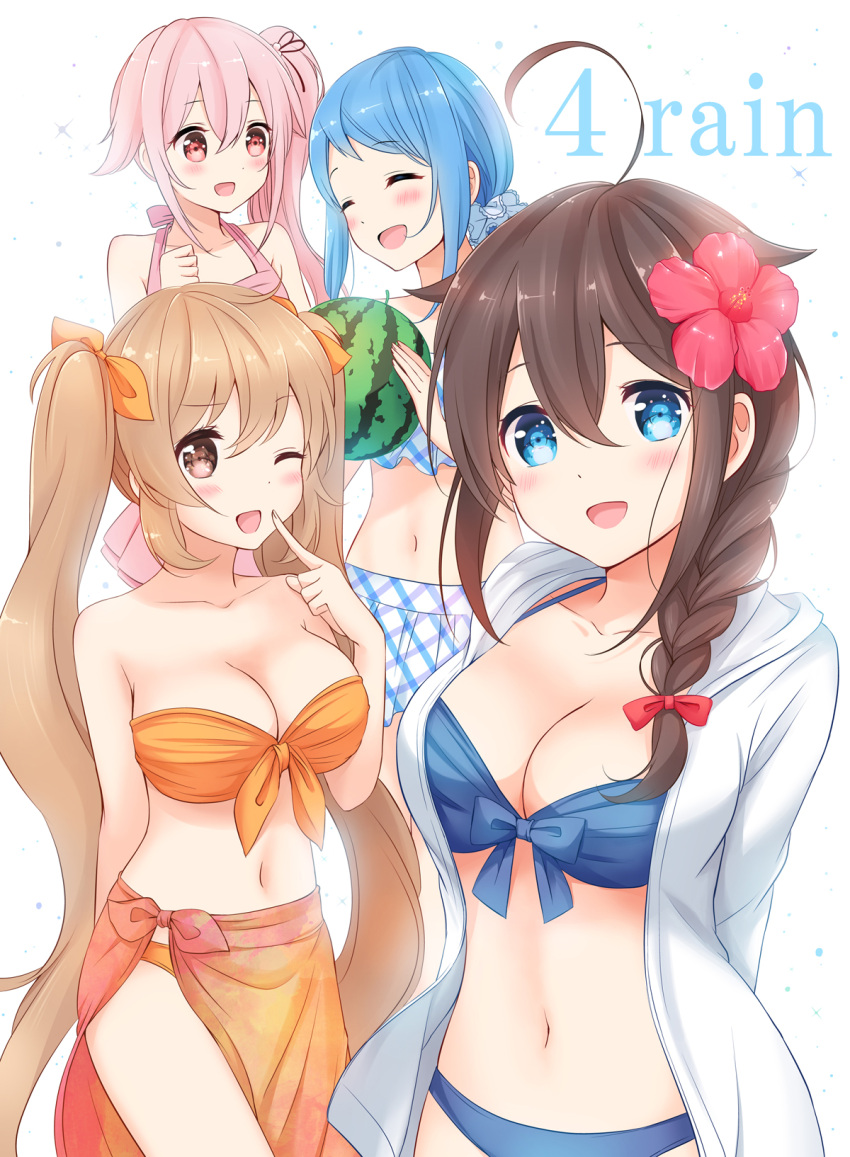 4girls :d ;d ^_^ ahoge alternate_costume arms_behind_back bare_shoulders bikini blonde_hair blue_bikini blue_hair blush braid breasts brown_eyes brown_hair carrying checkered checkered_bikini closed_eyes collarbone cover cover_page doujin_cover flower food fruit hair_between_eyes hair_flower hair_ornament hair_tie harusame_(kantai_collection) highres hood hooded_jacket jacket kantai_collection large_breasts long_hair looking_at_viewer medium_breasts multiple_girls murasame_(kantai_collection) nanairo_fuuka navel one_eye_closed open_mouth orange_bikini pink_bikini pink_eyes pink_hair ponytail remodel_(kantai_collection) revision samidare_(kantai_collection) shigure_(kantai_collection) side-tie_bikini side_ponytail simple_background single_braid smile swimsuit twintails watermelon watermelon_beach_ball white_background white_jacket