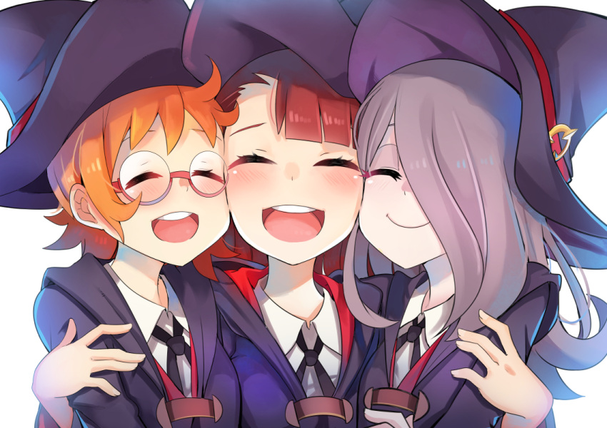 3girls :d akko_kagari black_ribbon blue_hat blue_robe blush brown_hair closed_eyes collared_shirt commentary_request glasses group_hug hat hat_ornament hat_ribbon hug little_witch_academia lotte_yanson multiple_girls neck_ribbon onigensou open_mouth orange_hair purple_hair red-framed_eyewear red_ribbon ribbon round_glasses round_teeth semi-rimless_glasses shirt simple_background smile sucy_manbabalan teeth upper_body white_background white_shirt witch_hat