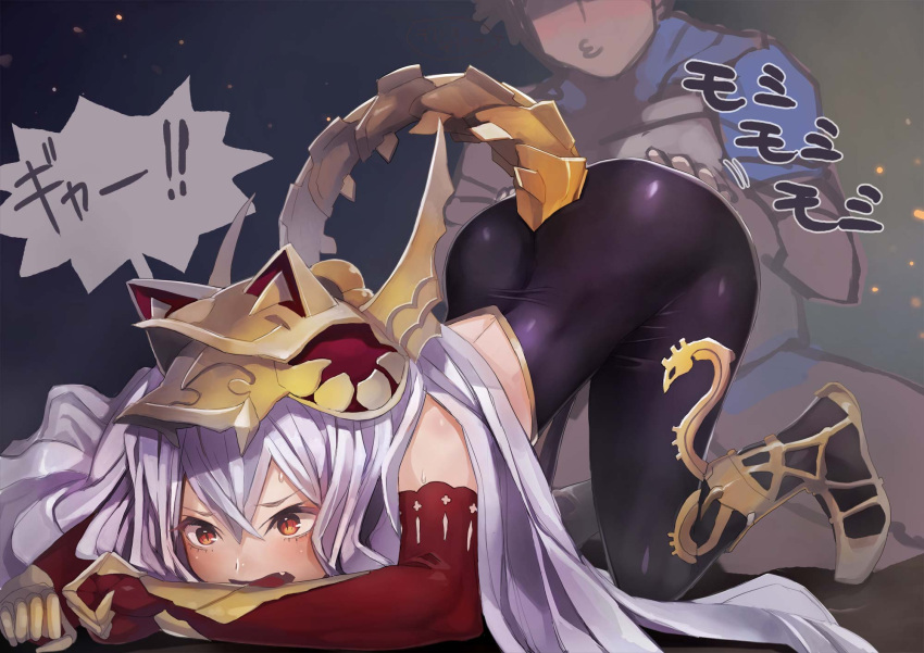 1boy 1girl all_fours armor ass bare_shoulders blush brown_hair elbow_gloves gloves gran_(granblue_fantasy) granblue_fantasy hand_on_another's_ass hat highres lavender_hair long_hair medusa_(shingeki_no_bahamut) pointy_ears red_eyes shingeki_no_bahamut smile solo_focus surprised tail taishi_(picchiridou) top-down_bottom-up very_long_hair