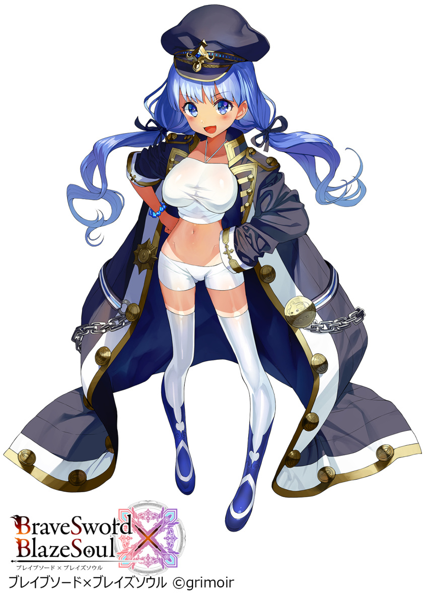 &gt;:d 1girl :d bangs bead_bracelet beads black_ribbon blue_boots blue_eyes blue_hair blush boots bracelet brave_sword_x_blaze_soul breasts chains copyright_name crop_top eyebrows_visible_through_hair hair_ribbon halter_top halterneck hands_on_hips hat highres jewelry large_breasts long_coat long_hair matsui_hiroaki midriff military military_hat military_uniform navel official_art open_mouth ribbon short_shorts shorts simple_background smile solo standing tan tanline thigh-highs twintails uniform watermark white_background white_legwear