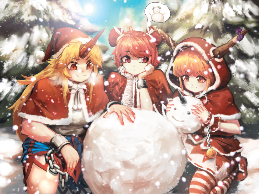 3girls bandaged_arm blonde_hair blue_skirt blue_sky capelet chains cuffs day eyebrows_visible_through_hair fang_out hat highres hijiwryyyyy hood horn horns hoshiguma_yuugi ibaraki_kasen ibuki_suika long_hair multiple_girls orange_hair orb pine_tree red_hood red_shoes red_skirt redhead ribbon-trimmed_skirt santa_hat shirt shoes short_hair skirt sky smile snow snowing snowman spoken_object squatting striped striped_legwear sun touhou tree white_shirt wrist_cuffs zipper